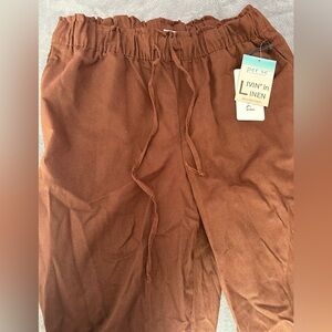 Per Se Linen-Blend Drawstring Pants in Warm Rust